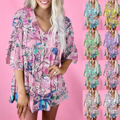 2021 Women Summer Dress Boho Style Three Quarter Sleeve Floral Print Chiffon Beach Dress Loose Mini Party Dress