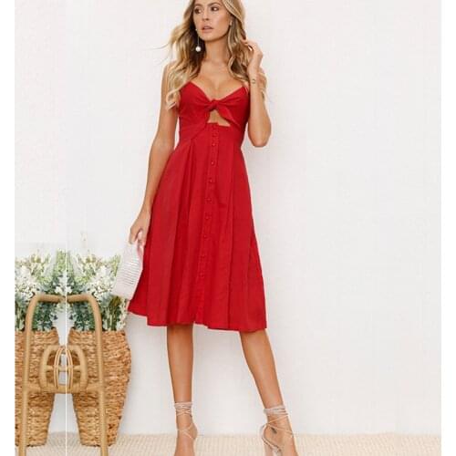 Summer Women Elegant Red Spaghetti Strap Buttons Vintage Boho Bow Dress 2021 Sexy Backless Casual Party Sundress Vestidos Female