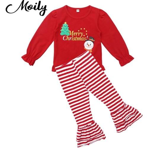 2 Pcs Red Kids Girls Christmas Costume Outfit Long Ruffled Sleeve Merry Christmas Print Pattern Top with Striped Flared Pant Set