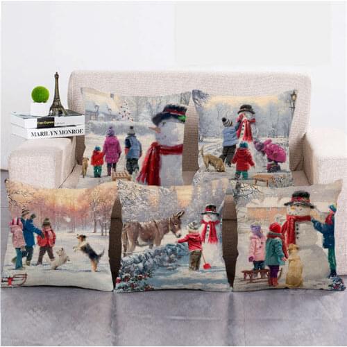 45cm*45cm Merry Christmas Child Cartoon Snowman Dog Linen/Cotton Throw Pillow Covers Couch Cushion Cover Home Decor Pillowcase