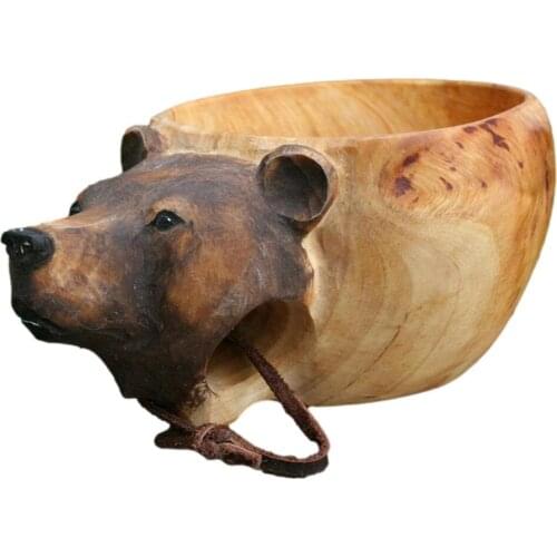 Hand Carved Wooden Mug Animals Head Image Cup For Travelers Outdoor Camping Mug Cute Water Bottle Bottle For Water