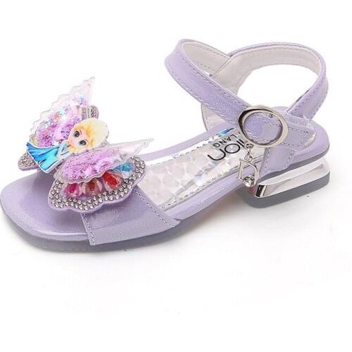 Disney Frozen Elsa Princess Kids Leather Sandals For Girls Elsa Bow Children Flat Beach Sandals Butterfly Knot Shoes