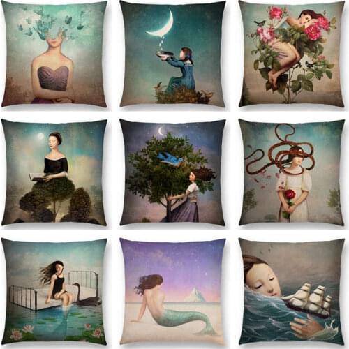 Hot Sale Elegant Lady Lovely Girl Fantasy Painting Magic Butterfly Moon Night Swan Dream Flower Trees Cushion Sofa Throw Pillow