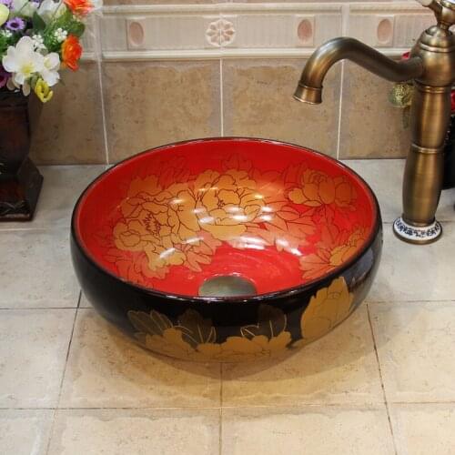 35CM Red And Black Peony Colourful glazed porcelain vanity bathroom sink bowl countertop Ceramic wash basin small
