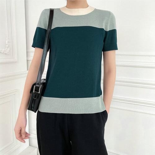 2021 Summer Woman Fashion Green Patchwork Knitted T Shirt Cotton Short Sleeve O-neck Straight Casual Clothes Female Tops