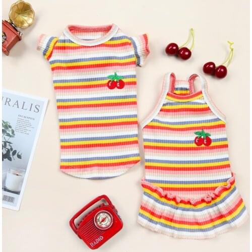 Sweet Striped Dresses For Small Dogs Flannel Warm Puppy Dress Trendy Cherry Dog Princess Dress Cute Pink/Orange Pet Supplies