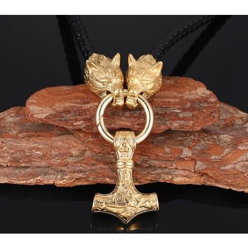 Mens Gold Color Stainless Steel Viking Wolf&Thor Hammer Mjolnir Pendant Necklace Amulet Jewelry