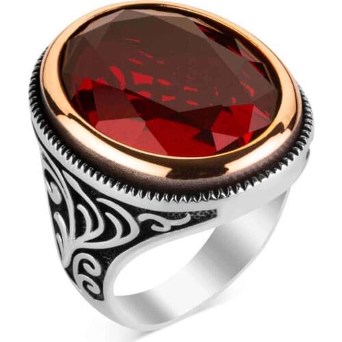 925 Sterling Silver Mens Ring with Faceted Red Zircon Stone Zirconia Ring for Men Silver Ring Red Stone