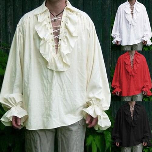 Medieval Cosplay Costume Men Viking Renaissance Court Ruffle Lace Up Vintage Knigh Shirt Solid Color Puff Sleeve Pirate Blouse