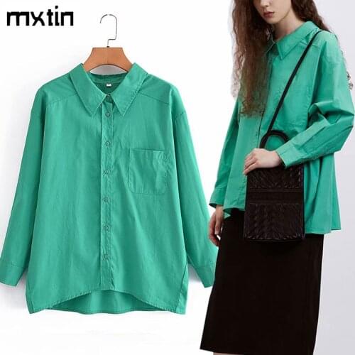 MXTIN 2021 Women Autumn Fashion Solid Single Breasted Loose Blouses Vintage Lapel Collar Long Sleeve Pockets Female Casual Shirt