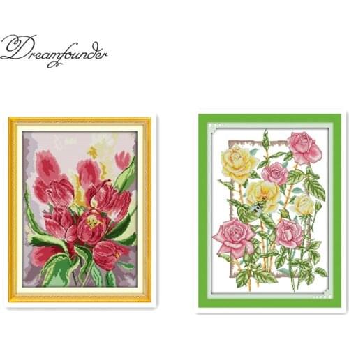 Pink tulip cross stitch kit aida 14ct 11ct count printed canvas stitches embroidery DIY handmade needlework
