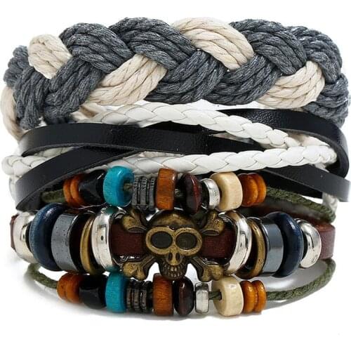 Puck Rock Men Bracelets Set Vintage Skull Charm Beads Wristbands Multilayer Braided Leather Women Bangle Gothic Fashion Jewelry