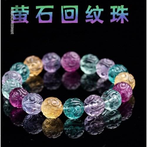 Genuine Natural Colorful Fluorite Quartz Carved Clear Round Beads Bracelet 10mm Rare Women Men Fluorite Jewelry Love AAAAA