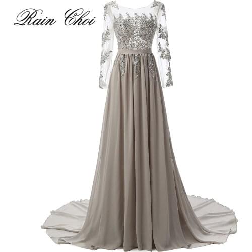 Real Photo Long Sleeves Formal Evening Gown Gray Elegant Long Prom Evening Dresses 2020