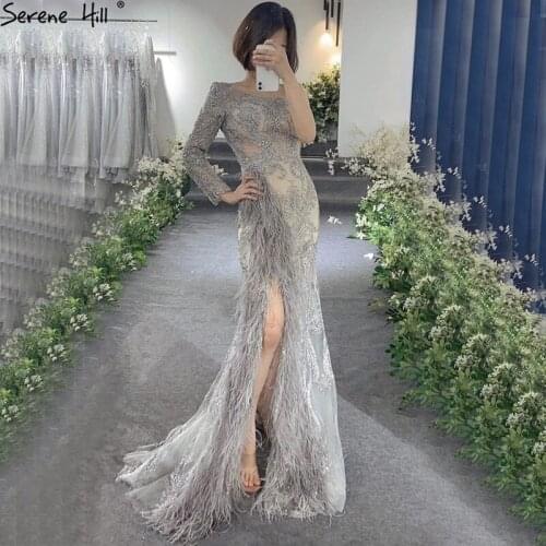 Serene Hill Grey Mermaid Sexy Split Evening Dress 2021 One Shoulder Beadings Feathers Women Formal Party Wear Gown CLA70691