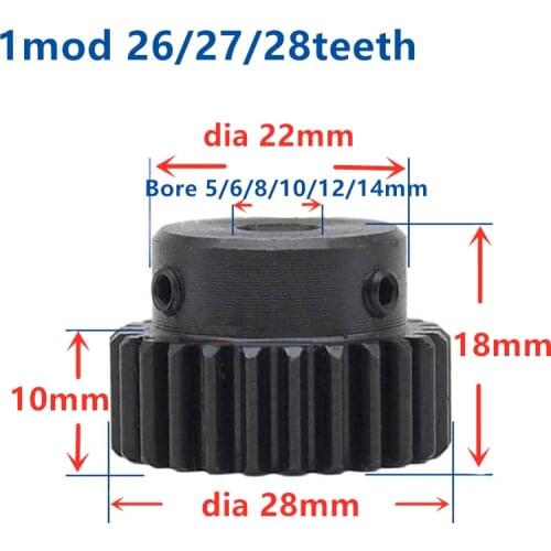 1pc Spur Gear pinion 1M 26teeth 27T 28T Bore 5mm-14mm Straight Teeth Metal gear steel gear CNC gear transmission industry RC car