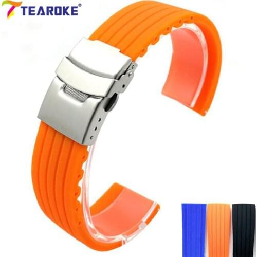 Universal Silicone Watchband 18 20 22 24mm Striped Soft Rubber Folding Clasp Deployment Buckle Waterproof Diving Watch Strap