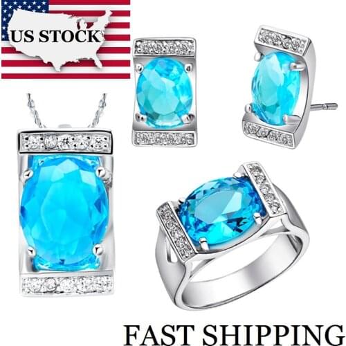 USA STOCK Uloveido 40% Crystal Wedding Jewelry Sets Bridal Necklace Stud Earrings for Women Blue Cubic Zirconia Jewelry Set T094