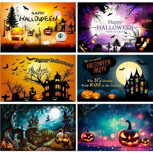 Woncol Halloween Photo Backdrops Pumpkin Lantern Bat Castle Photography Backgrounds Tombstone Scary Moon Cartoon Decor Banners