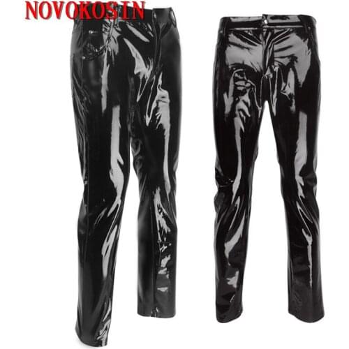 X161 2020 New Sexy Zipper High Lights Faux Leather Long Pants PU Low Waist Black Night Club Performance Pants Men Sexy Lingerie