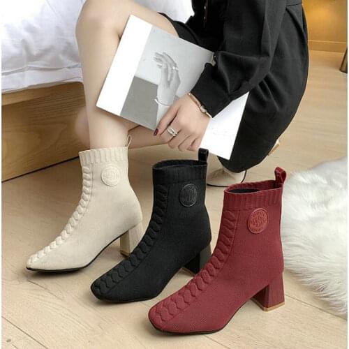 Ankle High Heels Women sock knitting Boots Pointed Toe Footwear Female Booties High Heels 5 CM A63-38 JY