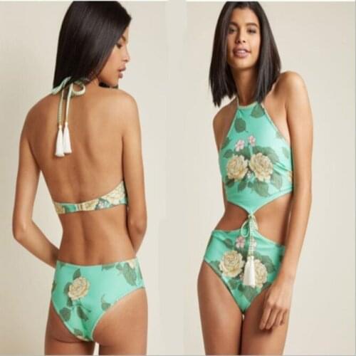 Women Sexy One Piece Swimsuit 2018 Summer Bandage Beachwear Green Printing Backless Swimwear Bathing Suits Bodysuit Swimsuit