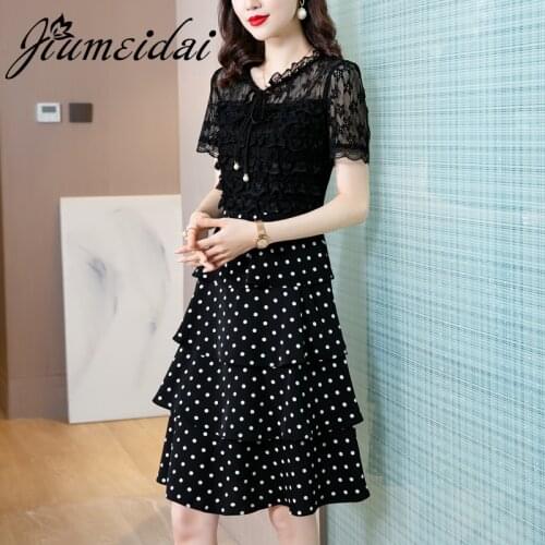 JiuMeiDai 2021 Women Summer Elegant A-Line Dress Office Lady Lace Dot Robe Femme Vintage Designer Casual Party Clothing Vestidos