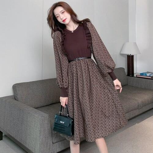 Women Autumn Winter Thicken Ruffles Floral Print Patchwork Faux Two Piece Knit Sweater Dress