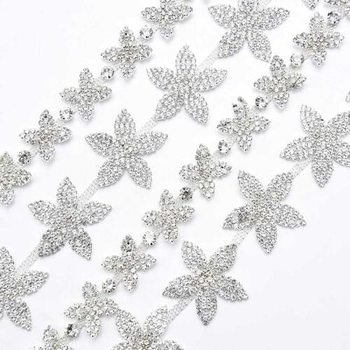 1Yard/lot costum trims crafts silver flower top A crystal rhinestone chain hair dress collar garment sewing applique