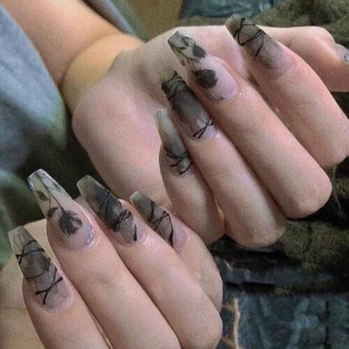 2021 24pcs Black Rose Wear Long Paragraph Fashion Manicure Patch False Nails Save Time Wearable Nail Patch