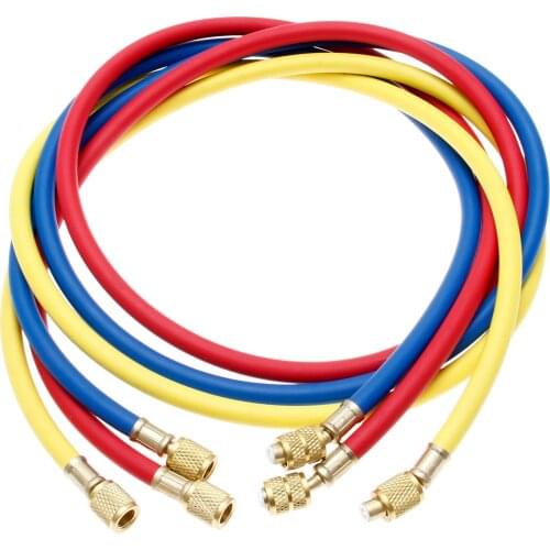 3Pcs 60" AC Charging Hoses 1/4" SAE and 5/16" SAE Female Red Blue 1/4" SAE Male Female Yellow For R410A R134A R12 R22 R502