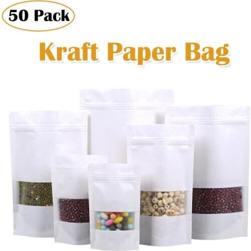50pcs Window Zip Lock Kraft Paper Bags Reusable Moisture-proof Food Storage Bag Tea Coffee Candy Cookies Nut Packaging Gift Bags