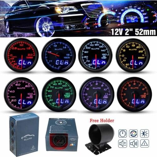 ELUTO 2" 52mm 10 Colors LED Dual Display Car Turbo Boost PSI Bar Water Oil Temp Pressure Tach Volt EGT Gauge with Holder