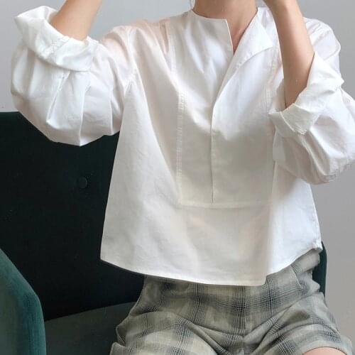 White T-shirts Women Solid Color Fashion Casual Lantern Sleeve Cotton Comfort Long Sleeve Loose French Style Blouse C2394