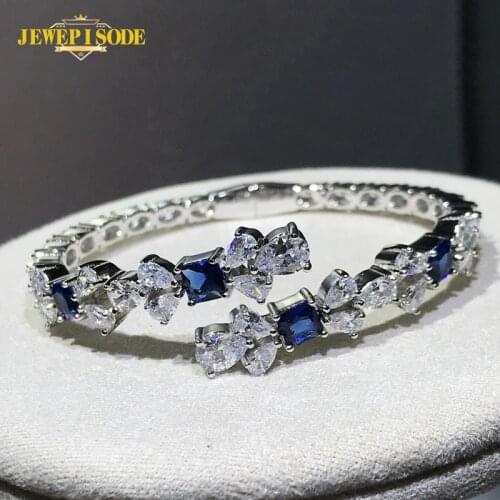 Jewepisode 100% 925 Sterling Silver Sapphire Created Moissanite Gemstone Charm Cuff Bracelet Bangles Luxury Fine Jewelry Gifts