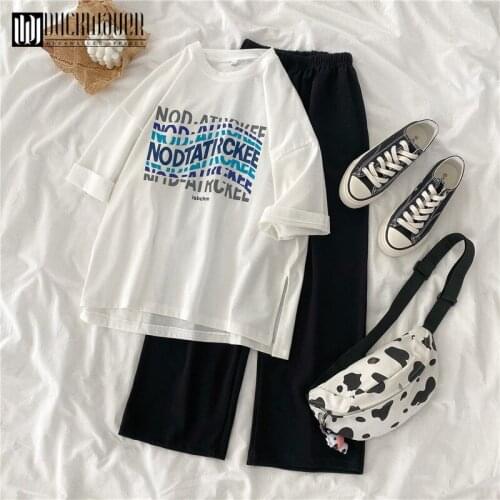 Duckwaver New Spring Summer Cute Style 2 Piece Suits For Women O-Neck Short T-Shirt Pullover Ankle-Length Pants Women Suits