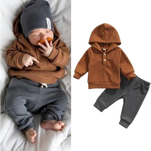 FOCUSNORM 0-3Y Autumn Causal Baby Boys Clothes Sets 2pcs Solid Button Long Sleeve Hooded Tops Elastic Grey Pants