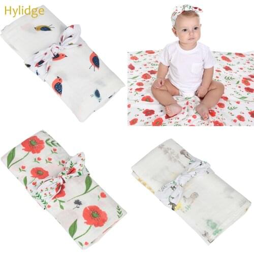 Hylidge 120CM Newborn Baby Boys Girls Sleeping Swaddle Floral Baby Infant Soft Cotton Blanket Swaddle Wrap+ Ear Headband Set
