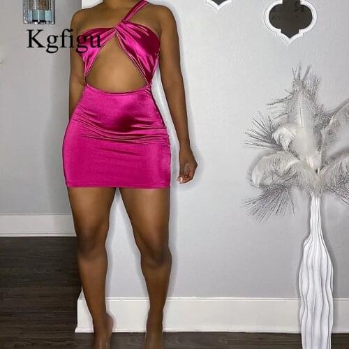 KGFIGU 2021 New Arrival Fuchsia Clothes One Shoulder Sleeveless Suits Women Elegant Club Party Dresses Sexy Lady Satin Vestidos