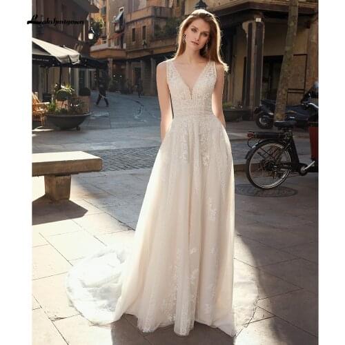Lakshmigown Deep V-neck Lace Wedding Gowns A-line Backless Bride Dress Robe de Mariee Sweep Train Bridal Dresses