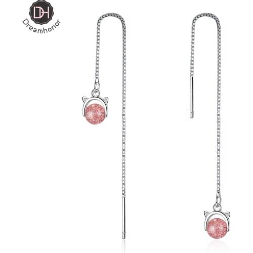 Dreamhonor 925 Sterling Silver Long Ear Line Strawberry Quartz Charm Earrings Simple Earrings For Women Jewelry Wholesale
