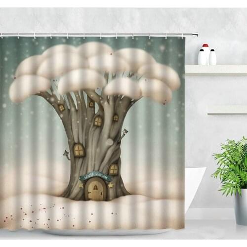 Cartoon Mushroom Tree House Children Bathroom Curtains Dream Forest Scenery Kids Shower Curtain Set Waterproof Home Decor Screen