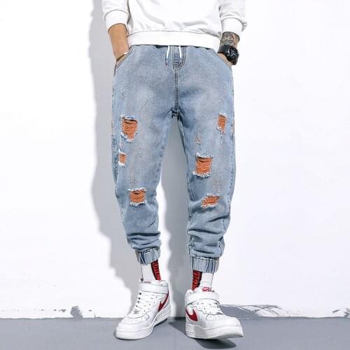 Mens Ripped Loose Jeans Patchwork Elastic Waist 2021 Male Fashion Denim Pants Streetwear Jeans Blue Jogging Trousers 4XL