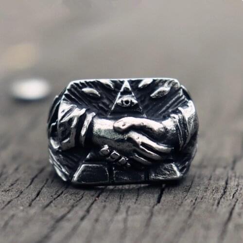 Mens Stainless Steel Ring Devils Eye Handshake Peace Ring Masonic Mens Jewelry
