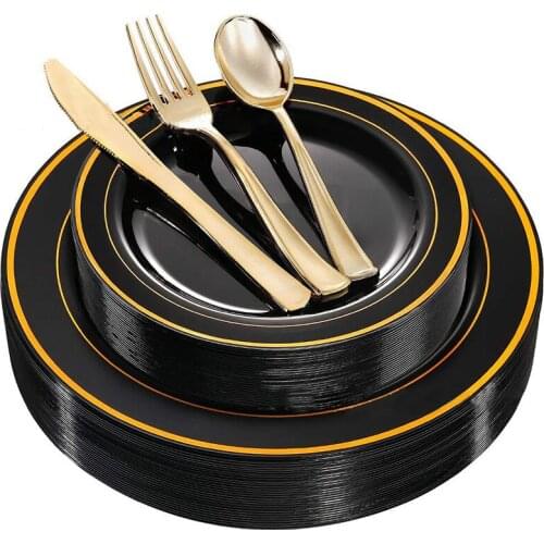 Disposable Black Gold Plastic Plate Is Suitable For Birthday Party, Outdoor Dinner And Western Food