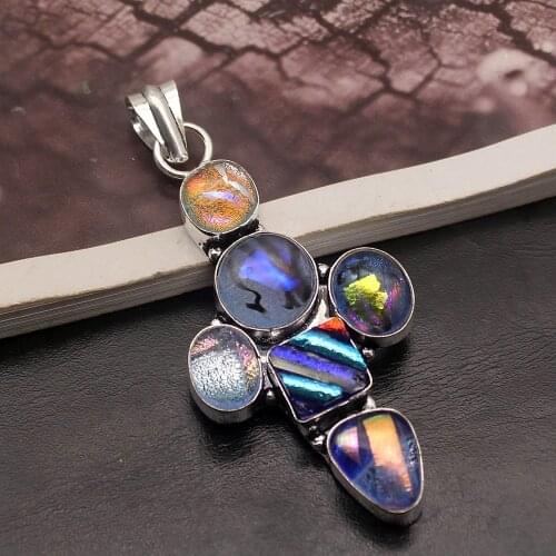 Hermosa Precious Natural Multi Gems Dichroic Glass Pendant Necklace Pendant 2 3/4 Inch A147