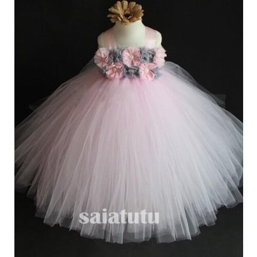 Flower fairy Girls New Year Princess Wedding Gown Kids Dresses Tutu Party Birthday Children Gray Dress Christmas Vestido