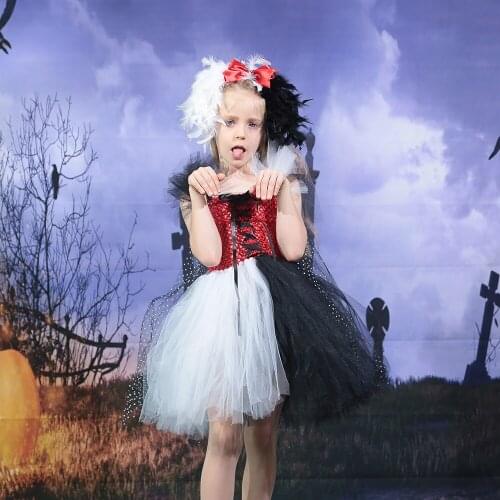 Dalmatian Inspired Girls Tutu Dress Baby Birthday Party Dresses Fancy Cruella Deville Halloween Costume with Feather Headband
