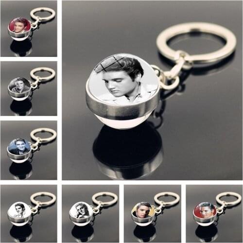Vintage Elvis Presley Keychain Jewelry with Glass Cabochon Double Side Elvis Presley Pattern Key Rings for Fans Gift