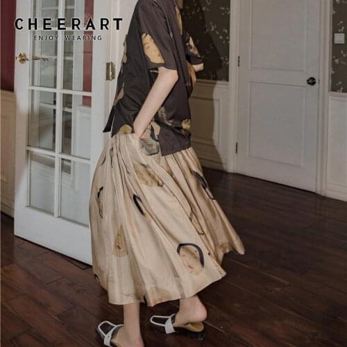 CHEERART Ukiyoe Vintage Long Midi Skirt Womens 2020 High Waist Skort Aesthetic Skirt A Line Japanese Summer Skirt Fashion